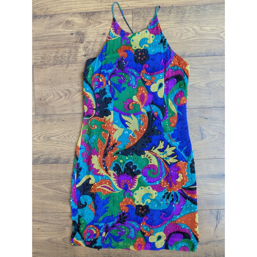 Cache Vintage Rare‎ Y2K Silk Beaded Sequin Paisley Spaghetti Strap Dress (Read)